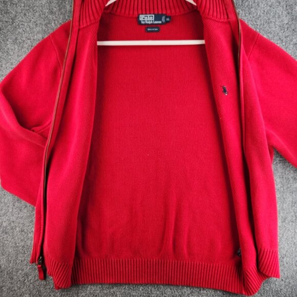 Polo Ralph Lauren Full Zip XL Red Knit Blue Pony Logo Cotton Men Jacket Sweater - Picture 8 of 15